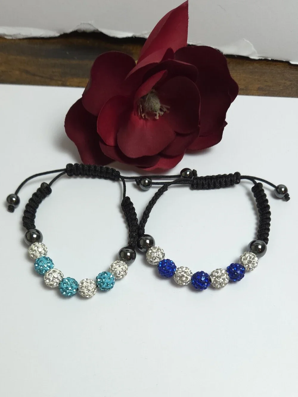 2 Handmade Shamballa Crystal Beaded Macrame Bracelets Light & Dark Blue
